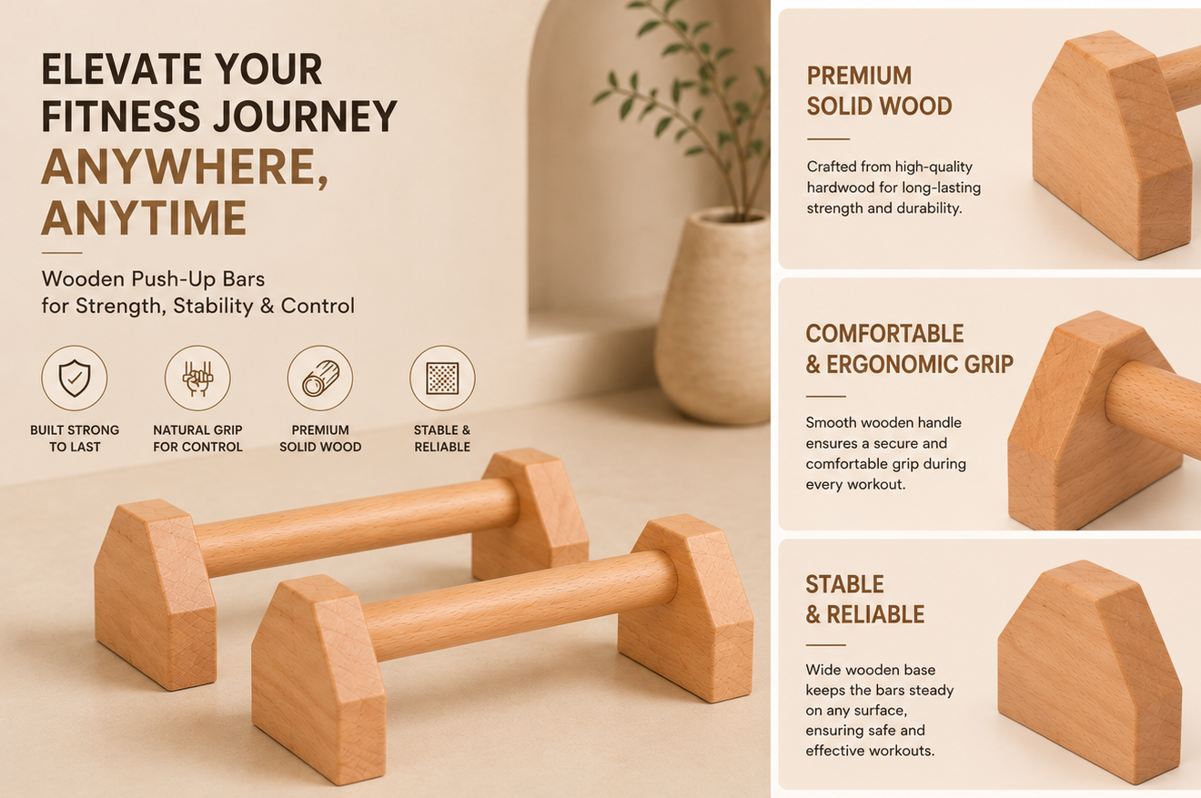 A promotional infographic for wooden push-up bars, showing two natural wood dumbbell-style bars in a clean beige layout with text callouts about strength, grip, stability, and portability.
